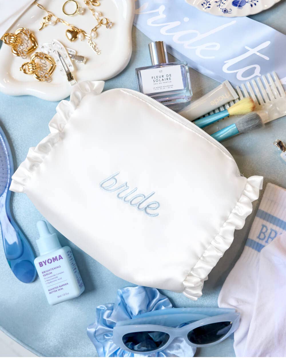 Embroidered Bride Satin Cosmetic Bag
